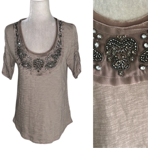 NWT Anthropologie Deletta Light Brown Beaded Rhinestone Ruched Sleeve Top - S - Picture 1 of 15